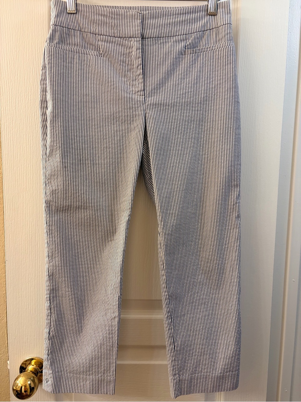 Ann Taylor Blue and White Pinstripe Cropped Straight-Leg Pants